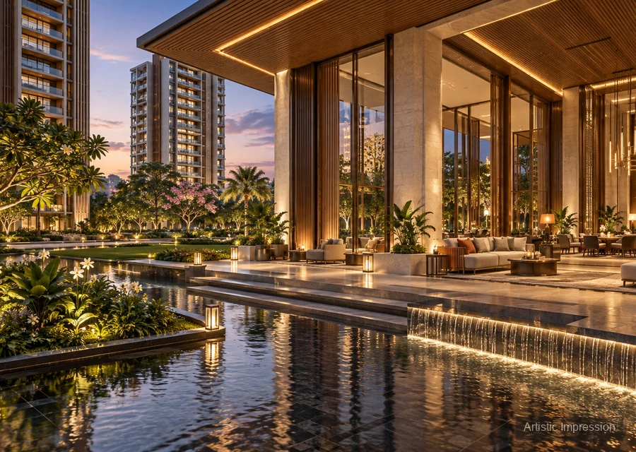 Swimming pool deck at sunset — representative image, Sobha Liora Whitefield